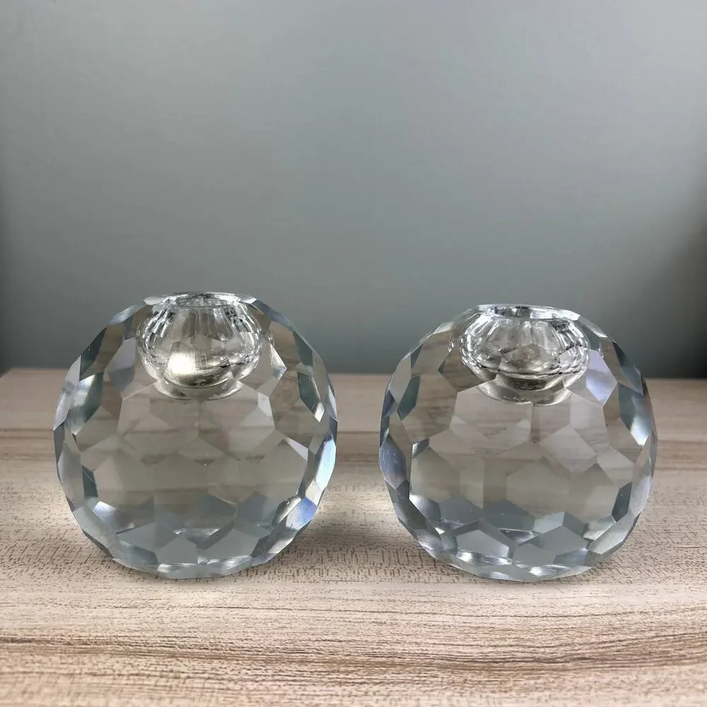 Vintage Faceted Spherical Glass Candlestick Holder Honeycomb Set of 2